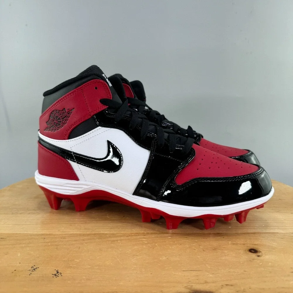 Nike Air Jordan 1 Mid TD Mens Size 9 Patent Bred Toe Football‎ Cleats Red Black